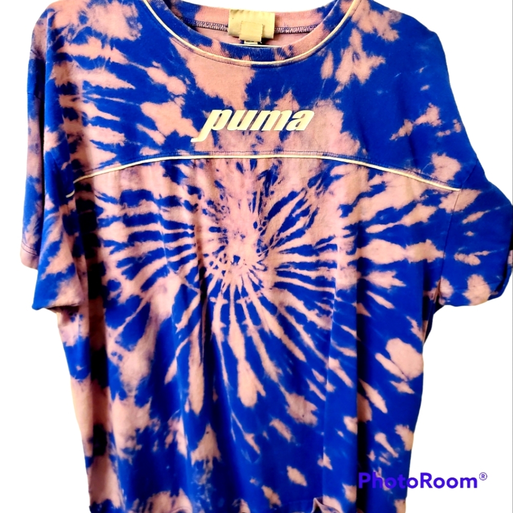 Custom Puma shoes athletic Tee shirt tie dyed bleached blue white purple XL